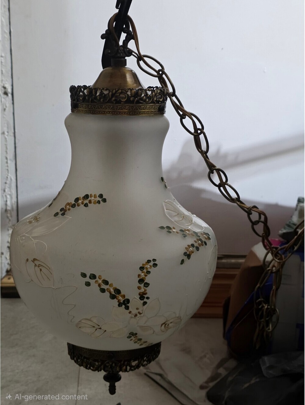 Vintage satin glass hand-painted Floral hanging swag lamp